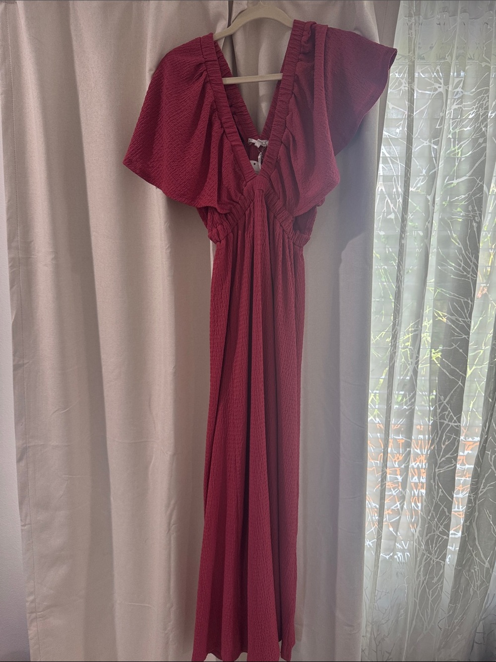 Deep Berry Maxi Dress with V-Neck and Flutter Sleeves